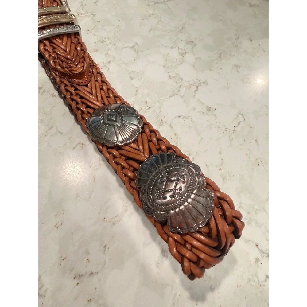 Vintage Braided Leather Concho Belt Brown Western Woven Silver Tone Buckle 69606